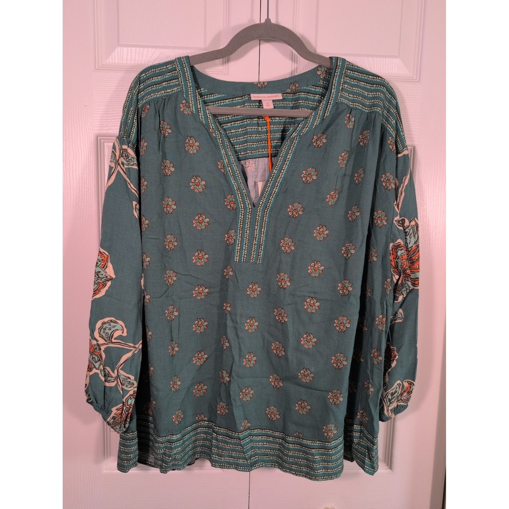 Beautiful Women's XXL Knox Rose Green Floral 3/4 InSleeve Boho Blouse New